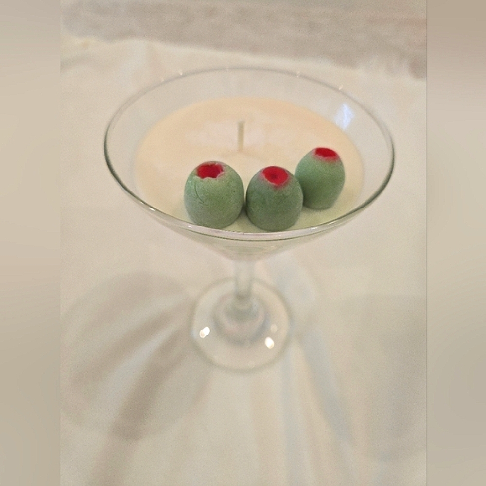 Martini Glass Candle with Olive Accents – Handmade Cocktail Drink Decor